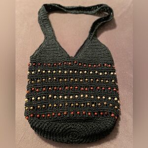 Vintage Boho Black Beaded Woven Bag
